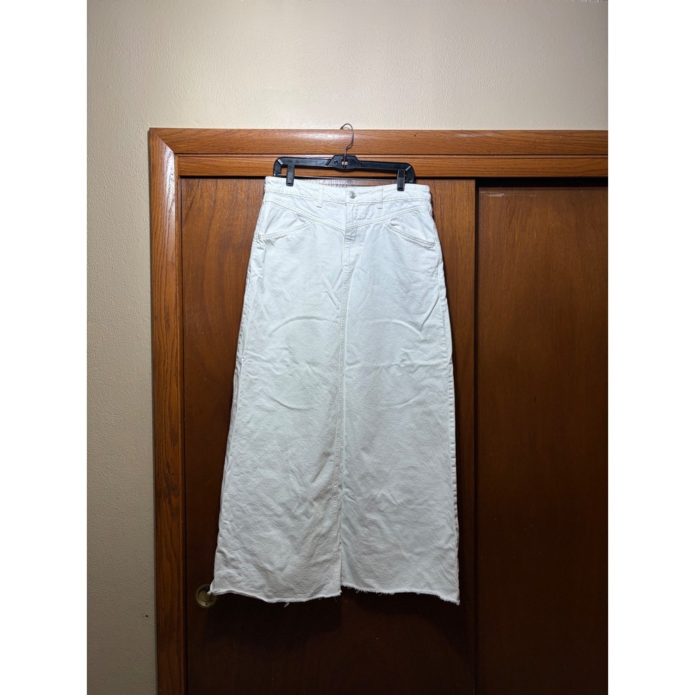 We The Free Free People White Denim Maxi Skirt Raw Hem Western Yoke Size 14